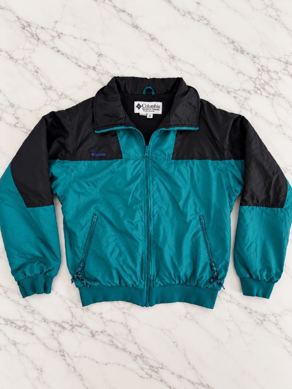 Vintage Columbia Sportswear Mens M Teal Black Windbreaker Jacket Radial Sleeve